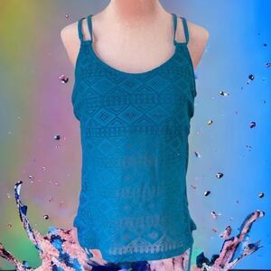 HULA HONEY NWT BLUE TEAL  CROCHET FLOUNCE TANKINI BATHING SUIT WEAR TOP XL